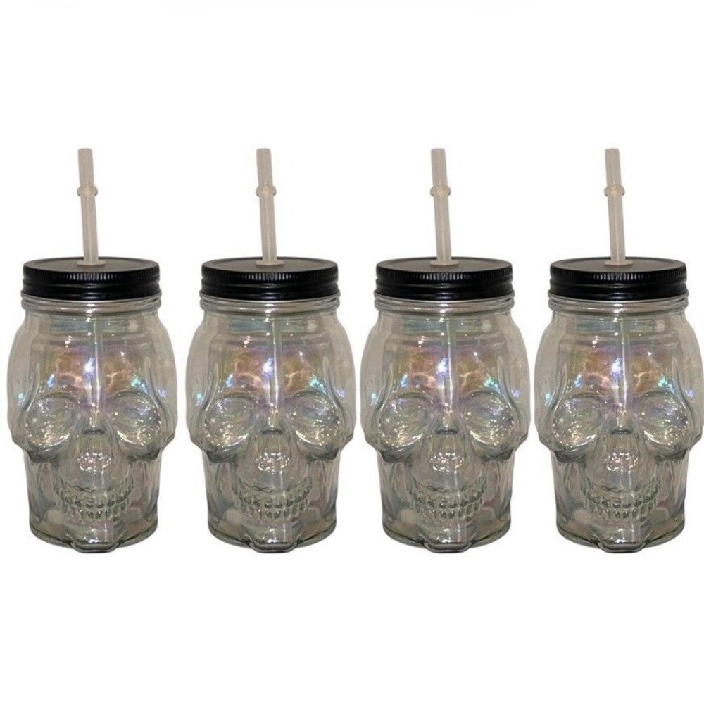 4x Halloween Skull Iridescent Glass Mason Jar Cup with Lid and Straw